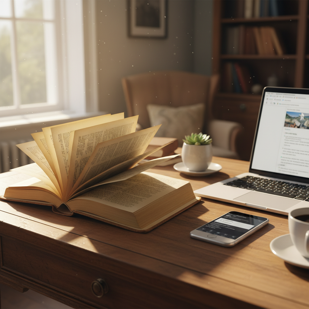 오래된 사전과 현대적인 디지털 기기가 놓인 책상