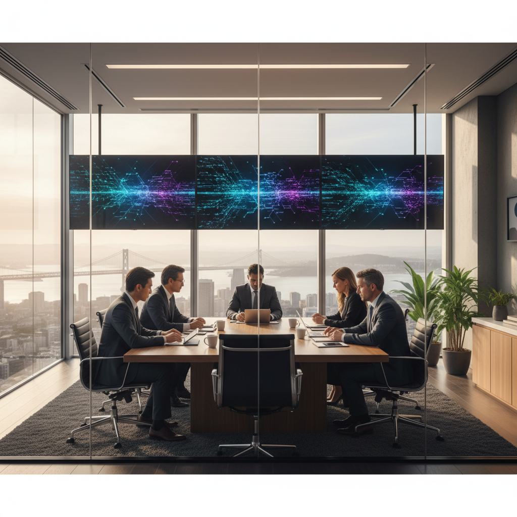 현대적인 사무실에서 전략을 논의하는 테크 기업 전문가들