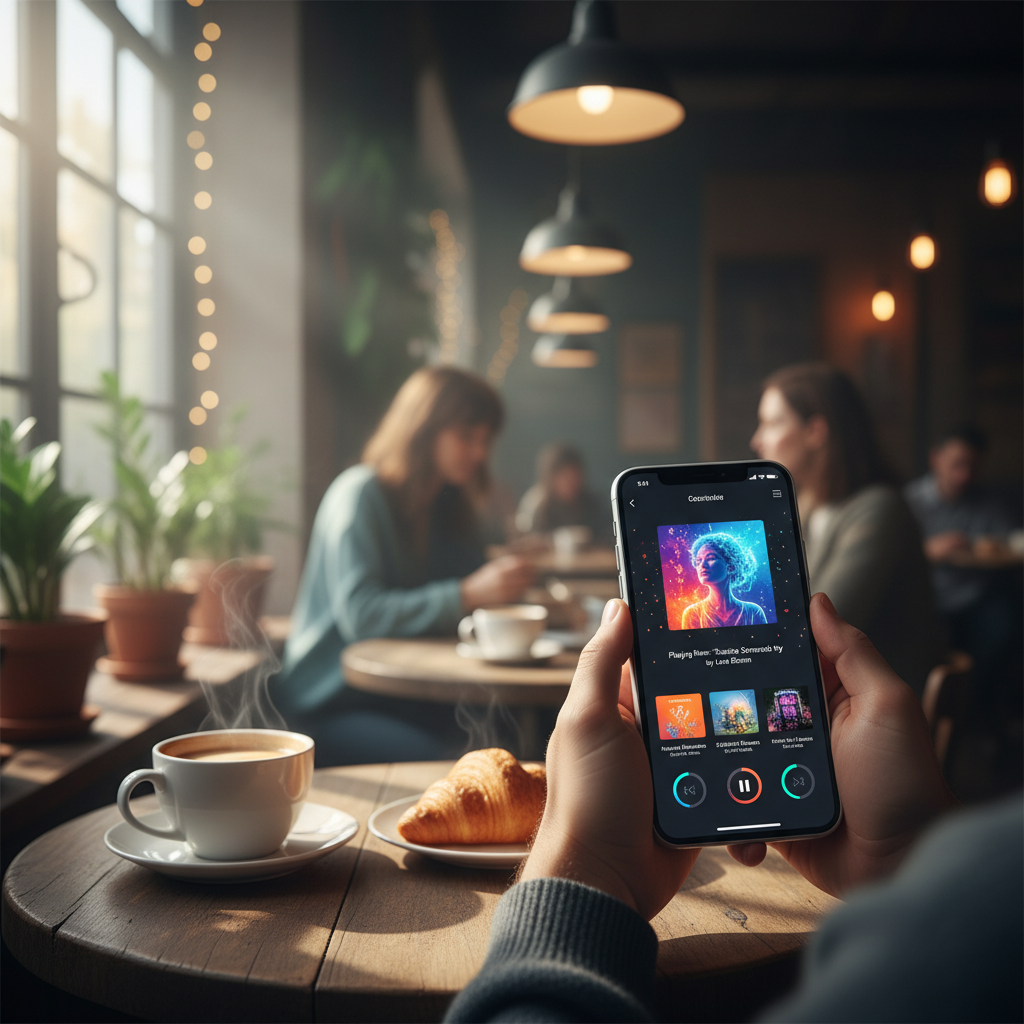 스마트폰으로 음악을 감상하며 정보를 확인하는 사용자