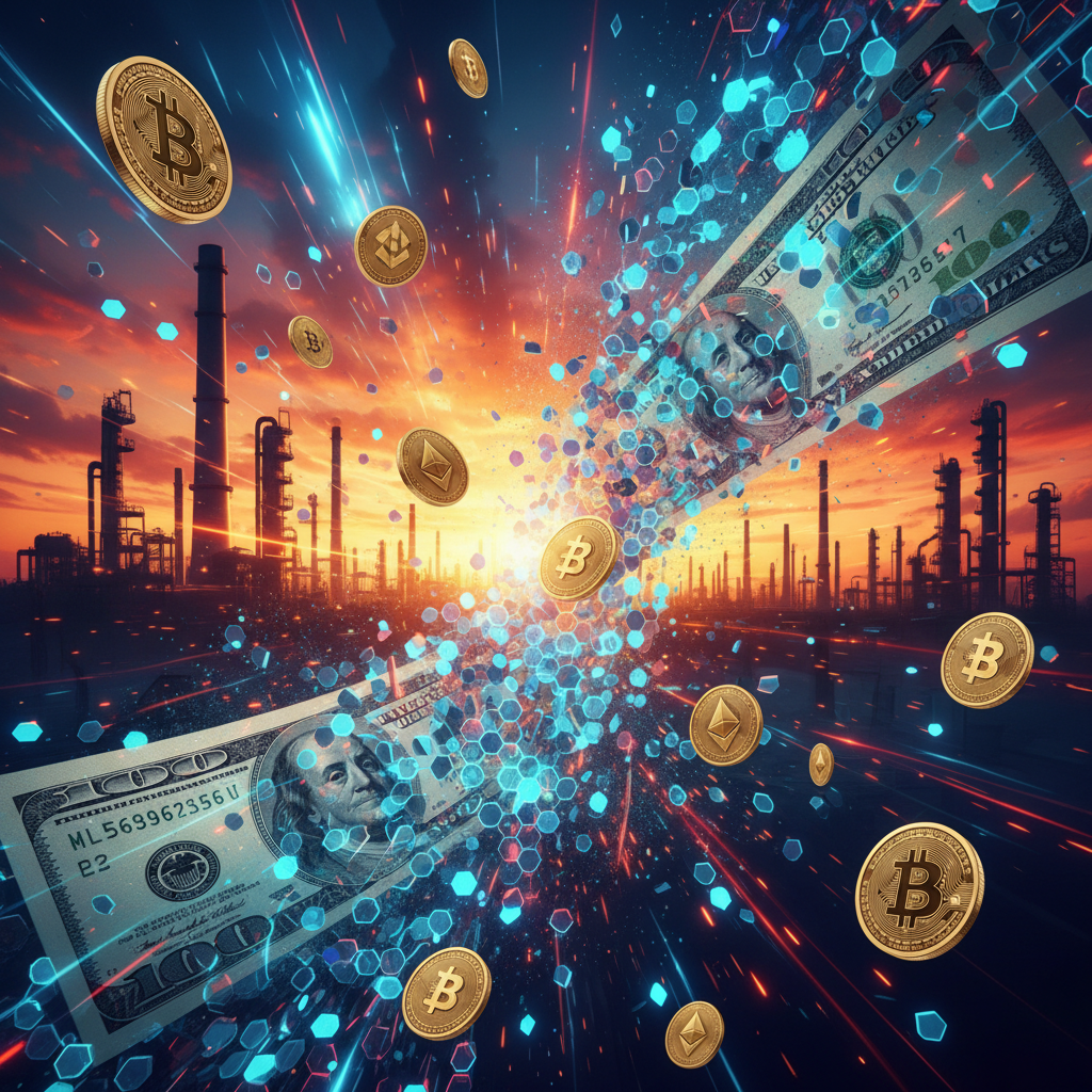 미국 달러와 비트코인이 섞인 화려한 금융 배경