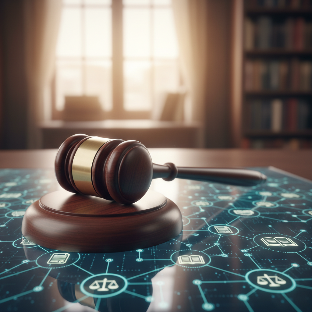 법적 감시를 상징하는 법봉과 디지털 데이터의 모습