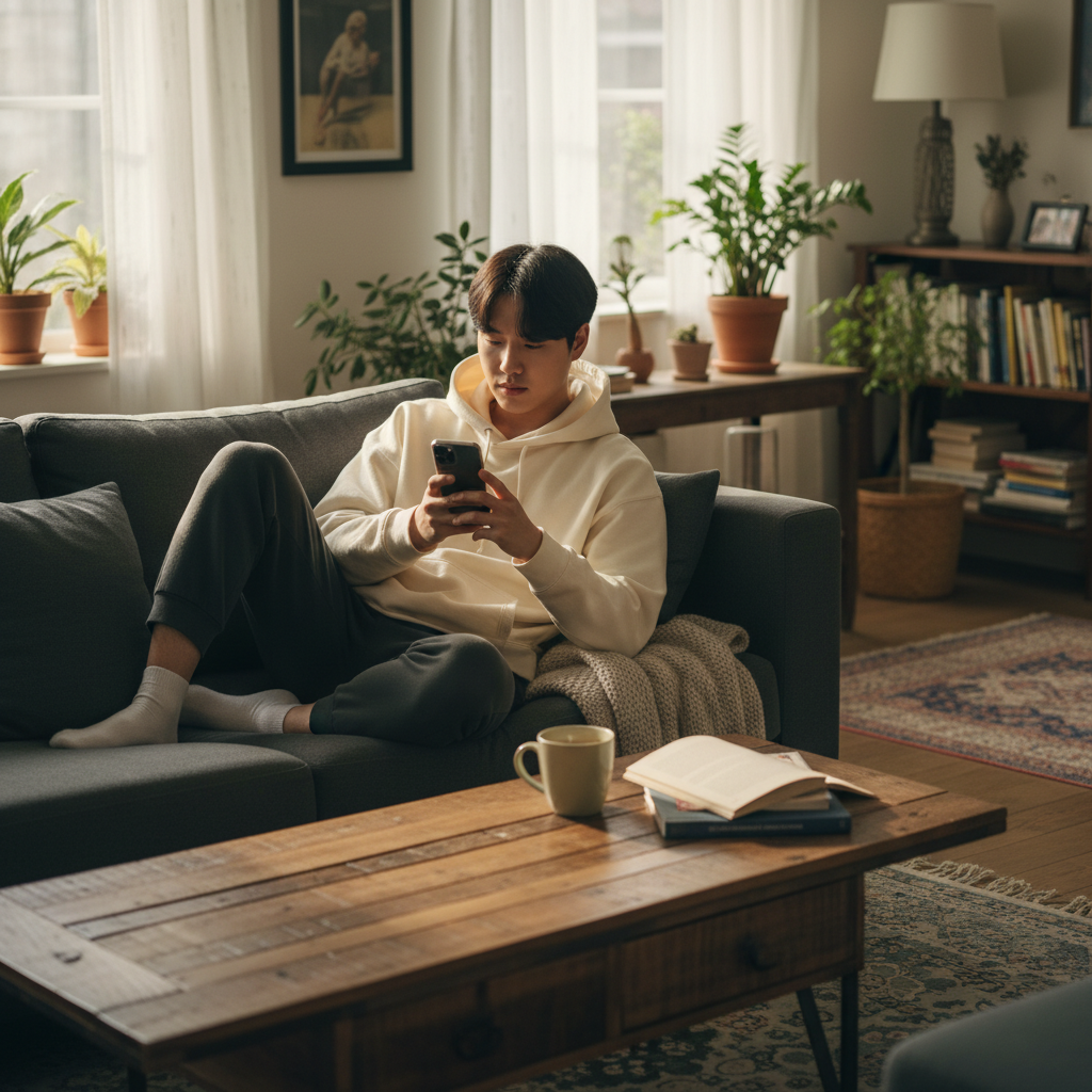스마트폰을 보며 무한 스크롤을 하는 청년의 모습