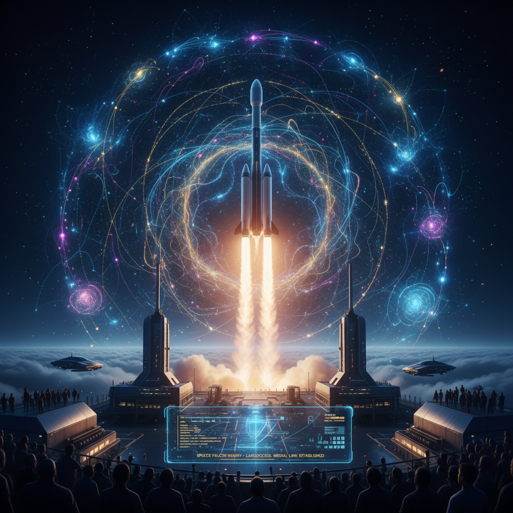 우주선 발사와 디지털 신경망이 결합된 미래 기술 이미지