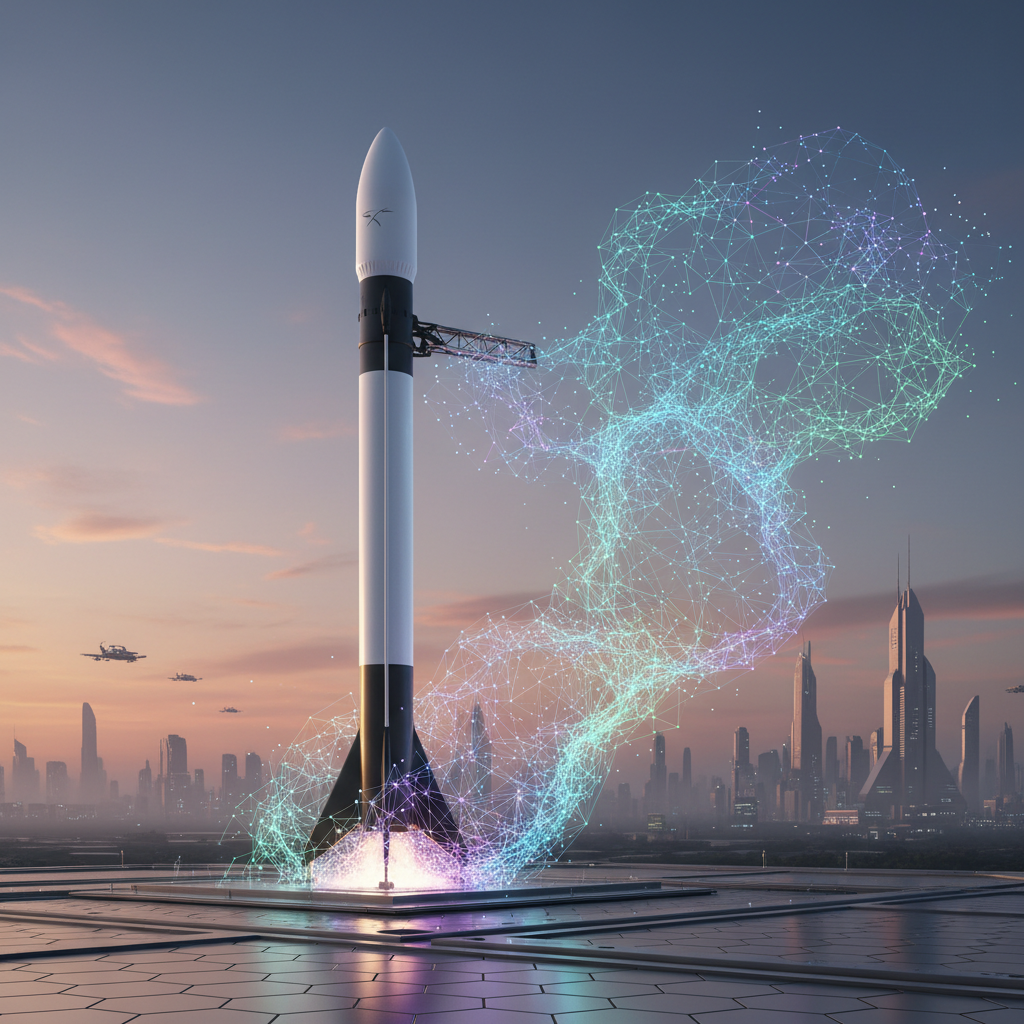 로켓 기술과 신경망 구조가 융합된 상징적 이미지