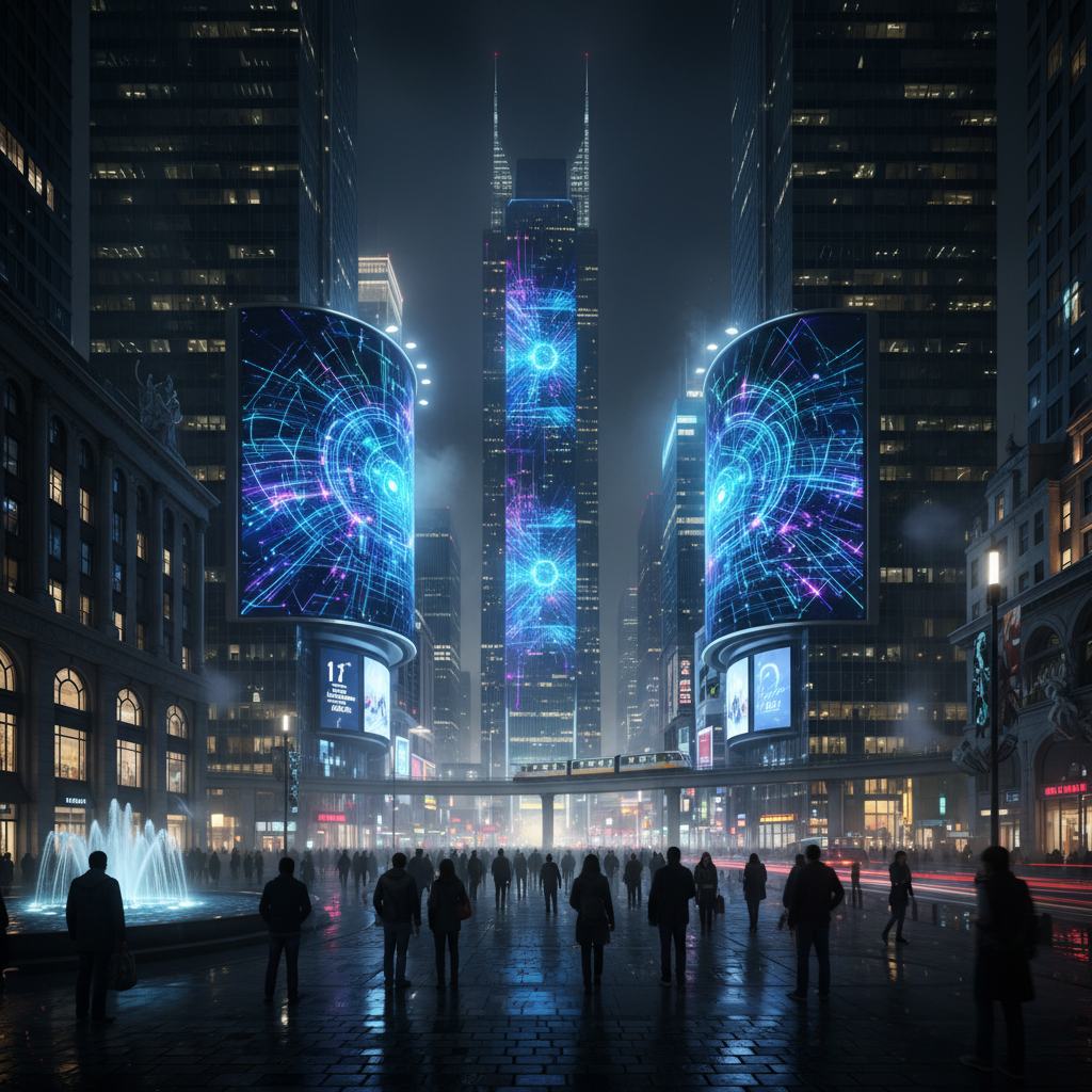 화려한 전광판에 비친 인공지능 마케팅 컨셉 이미지