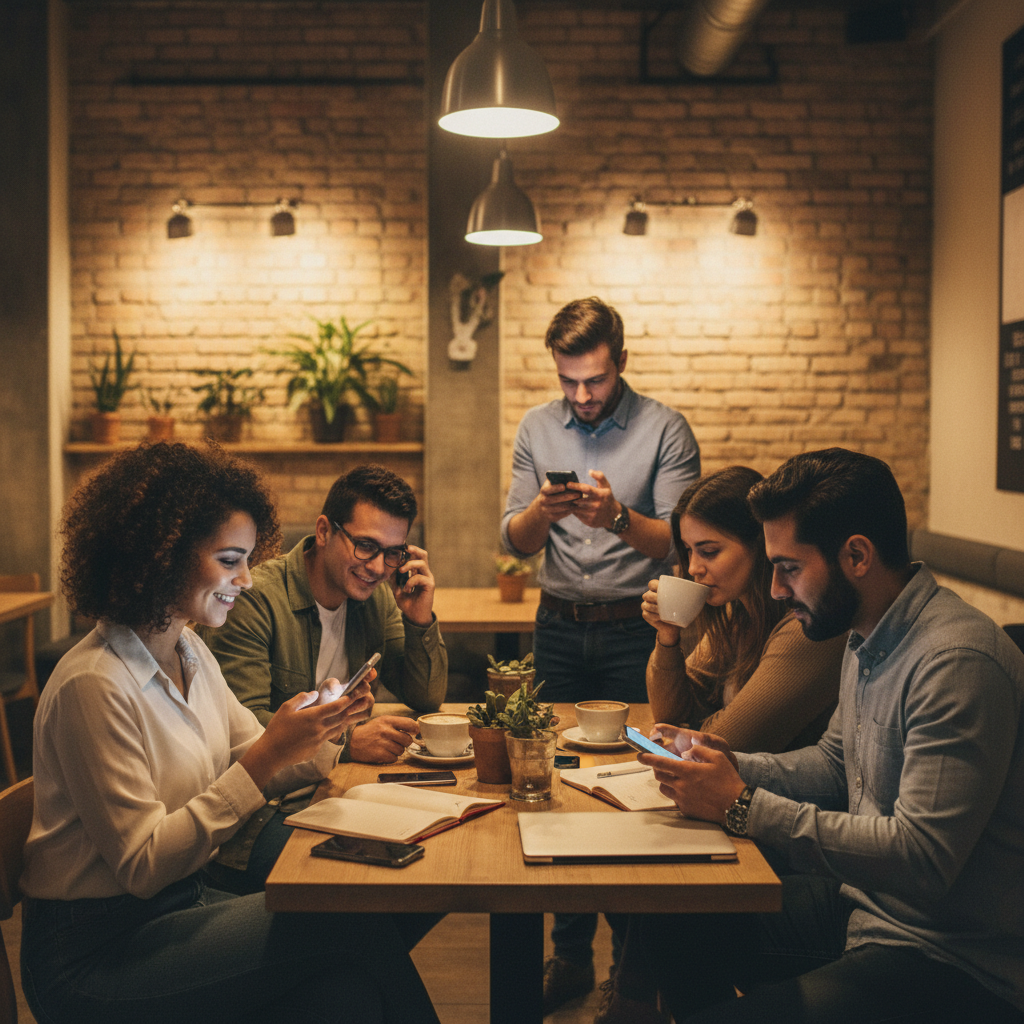 카페에서 스마트폰으로 메시지를 주고받는 다양한 사람들