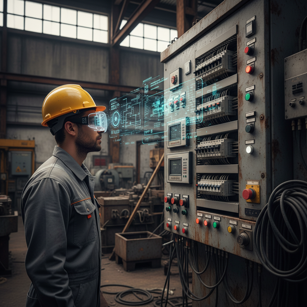 스마트 글래스를 착용하고 설비를 점검하는 기술자