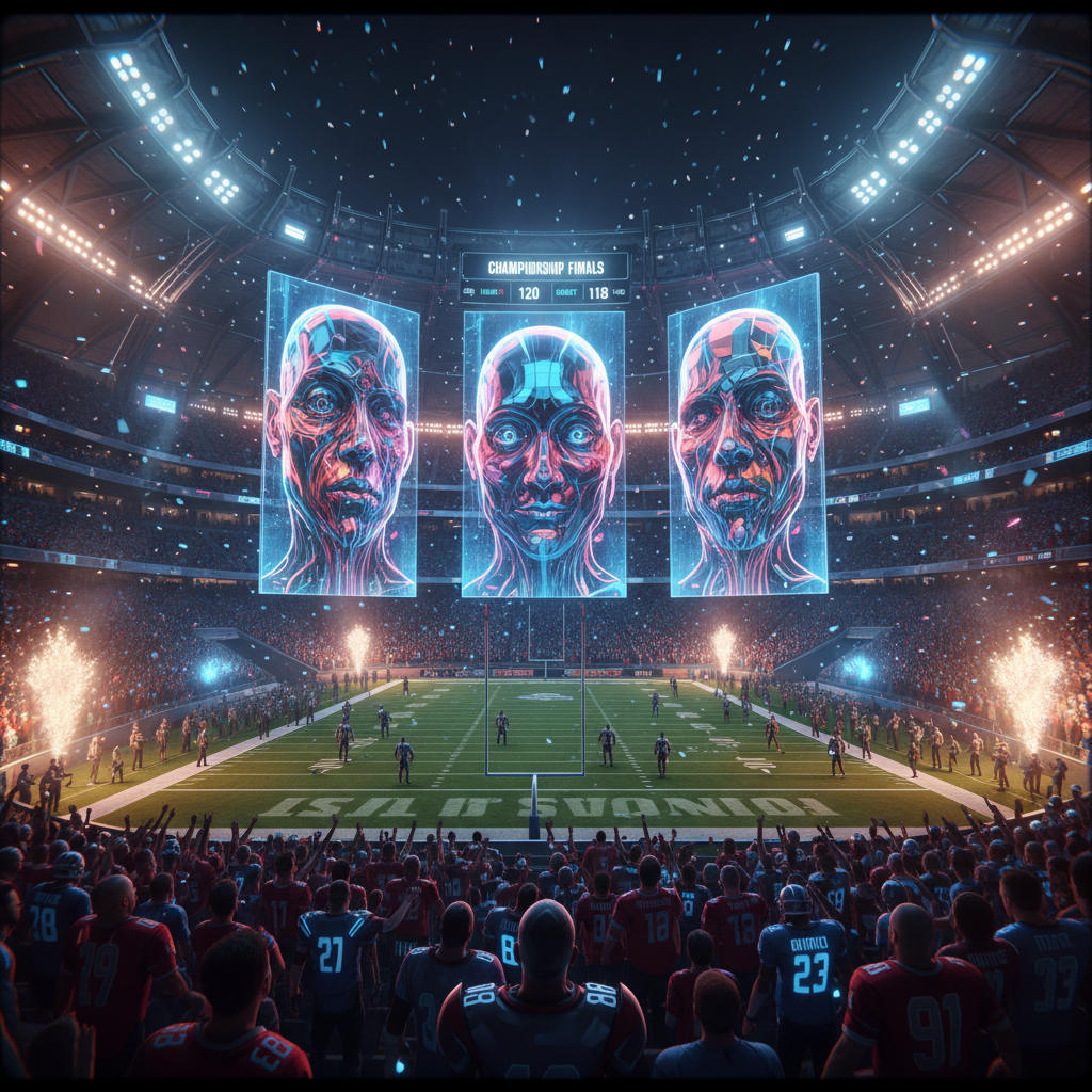 슈퍼볼 경기장의 화려한 대형 스크린과 관중들