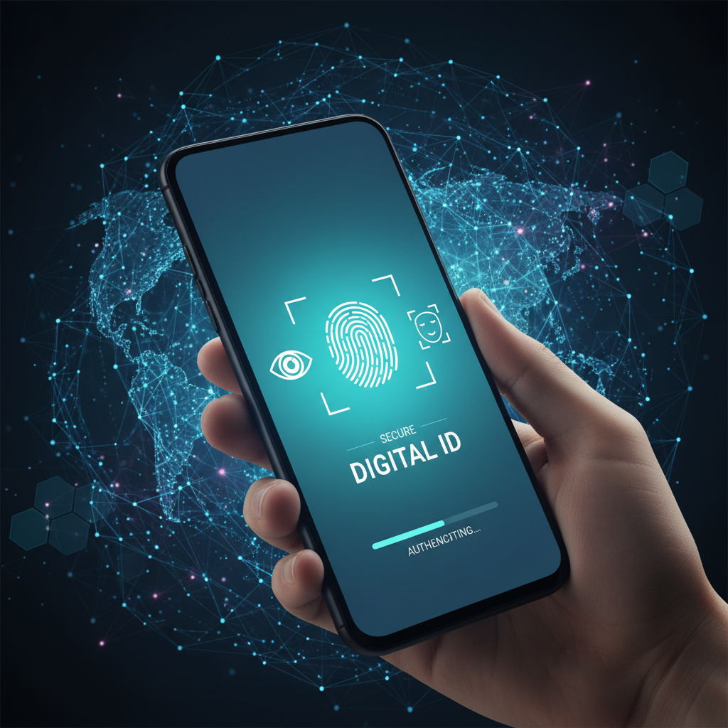 A modern digital identity concept showing a smartphone displaying a secure identification interface with biometric symbols and a glowing network background, high contrast, clean layout, professional atmosphere, 16:9 aspect ratio.