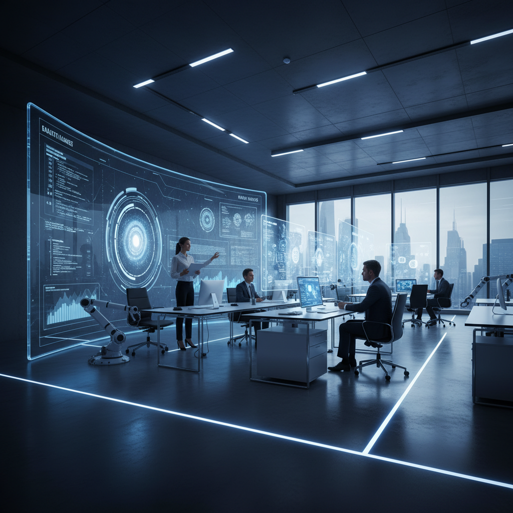 A futuristic corporate office interior with a focus on advanced AI technology being integrated into the workplace. Professional atmosphere, digital interface glowing on large screens, holographic data representations, soft blue and white lighting, wide angle, high contrast, clean composition. 4:3