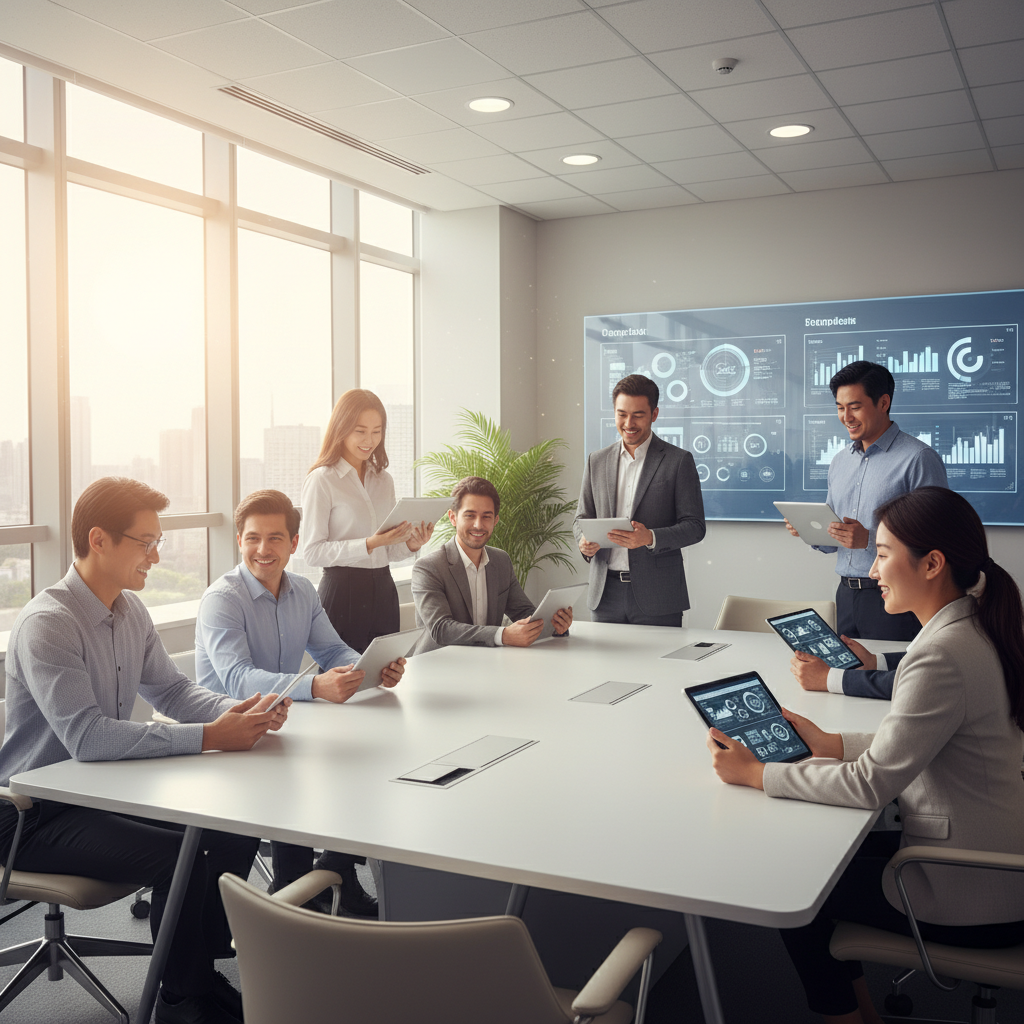 기술 교육을 받으며 미래를 준비하는 직장인들의 밝은 모습