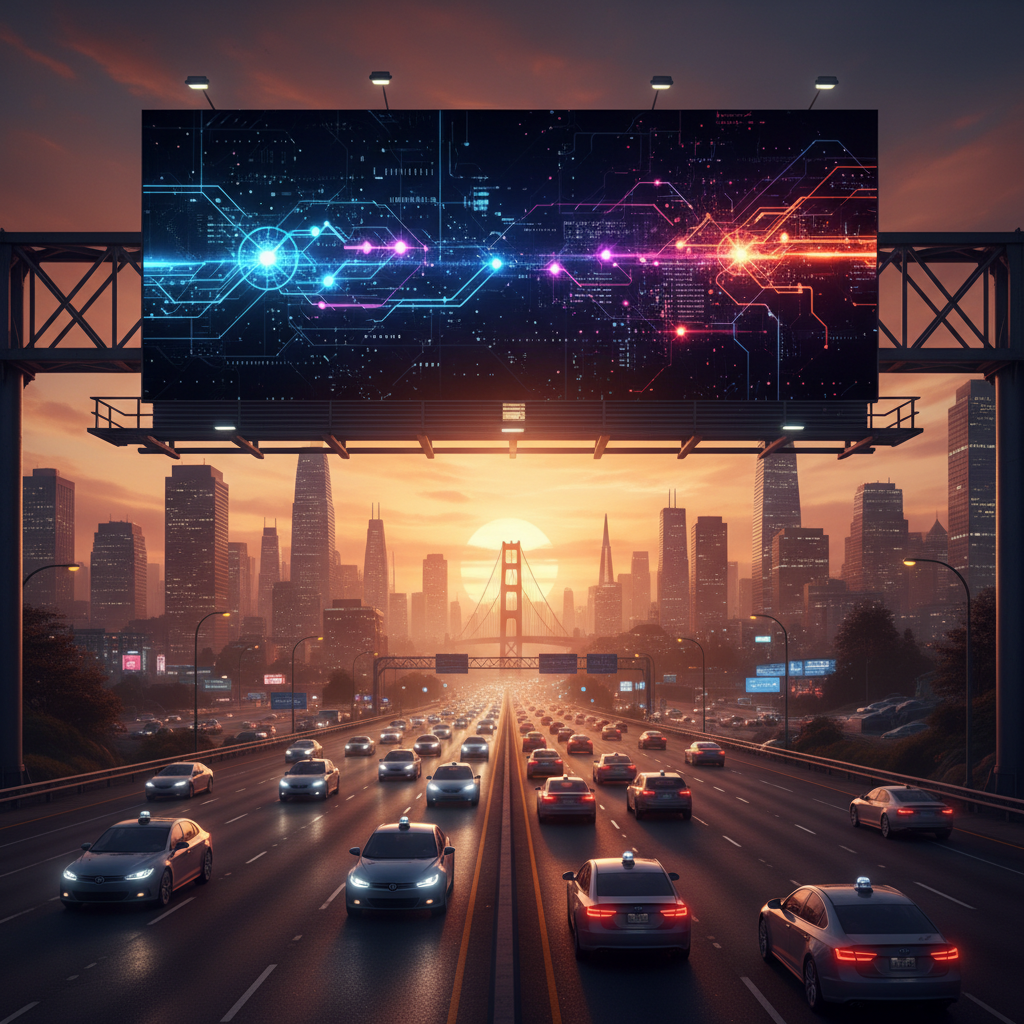 A large futuristic billboard on a San Francisco highway at sunset, with text-like symbols resembling AI themes, high contrast urban lighting, modern tech atmosphere, 4:3