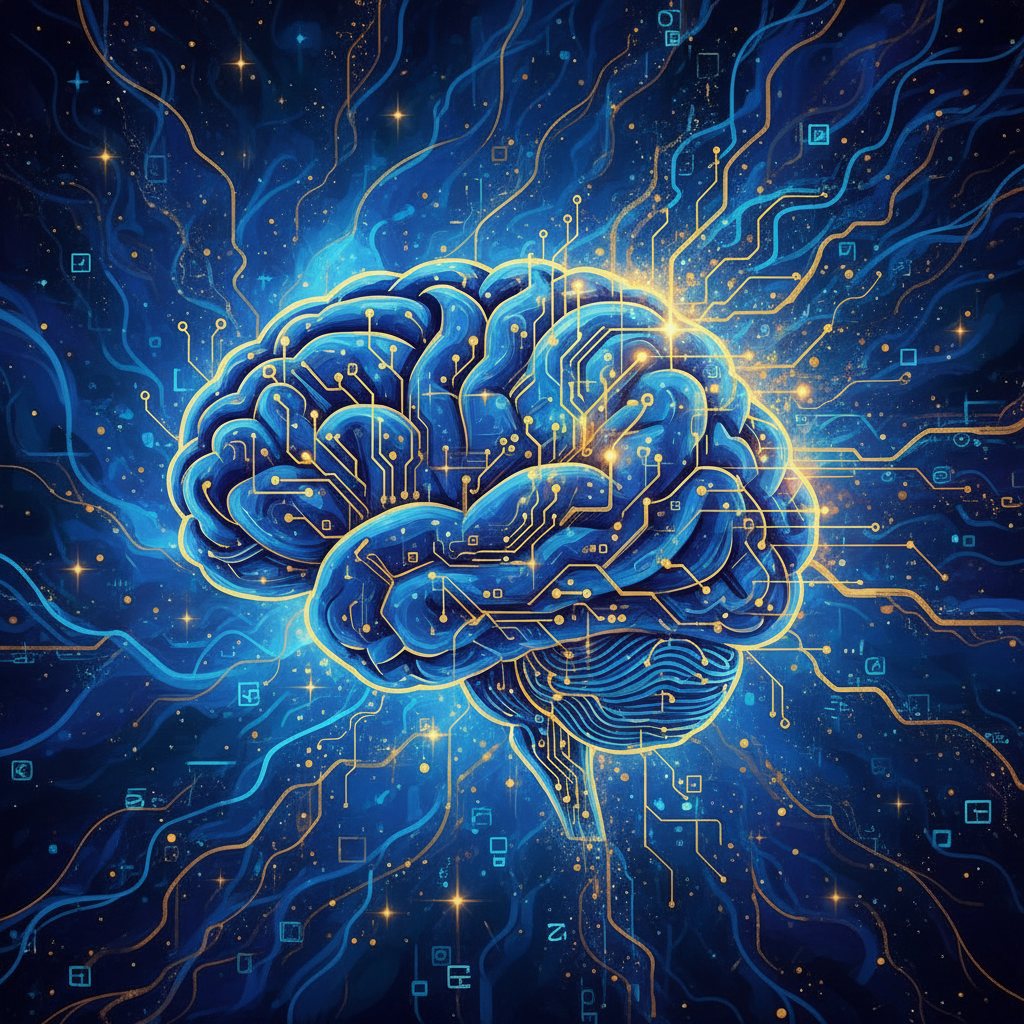 인간의 뇌와 복잡한 디지털 회로가 연결된 추상적인 이미지