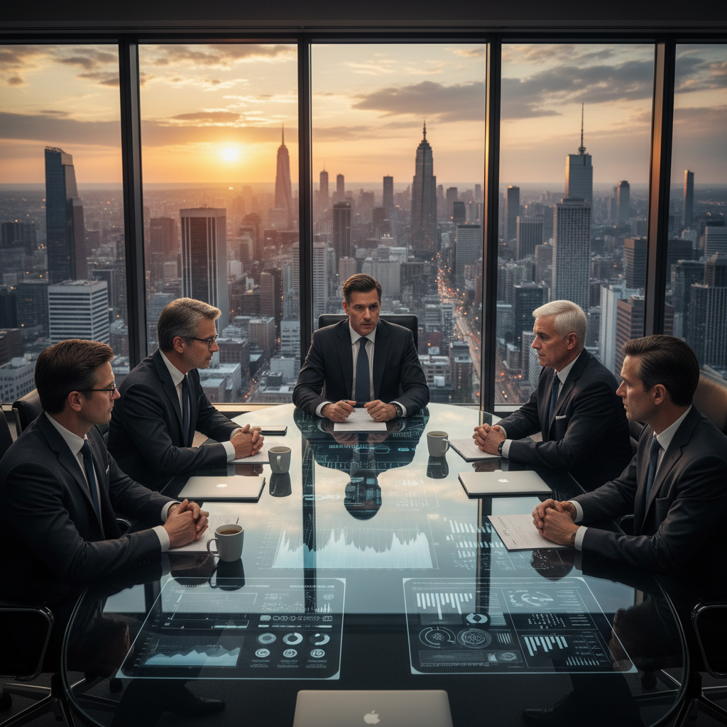 회의실에서 기술 기업 대표들과 정치인들이 대화하는 모습