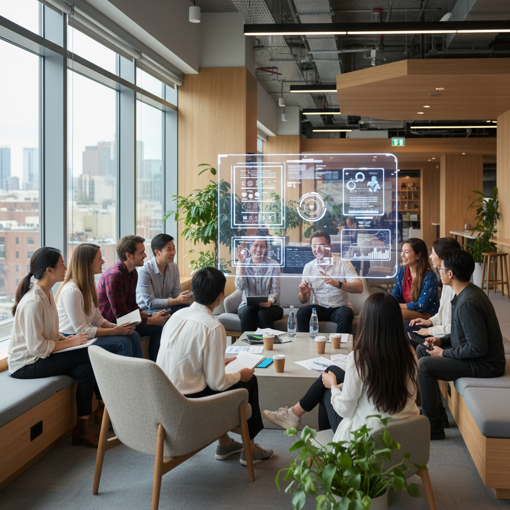 디지털 스크린을 함께 바라보며 토론하는 다양한 사람들