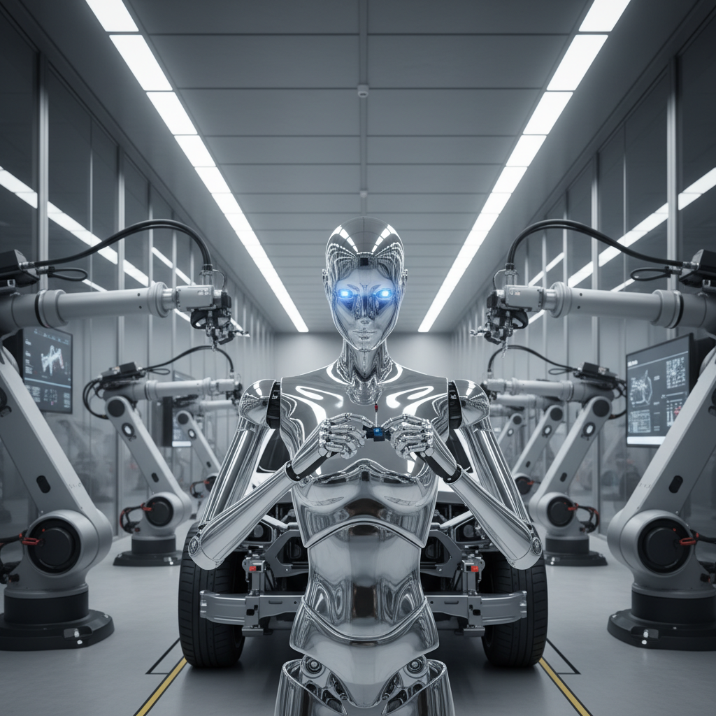 미래형 공장에서 작동하는 휴머노이드 로봇