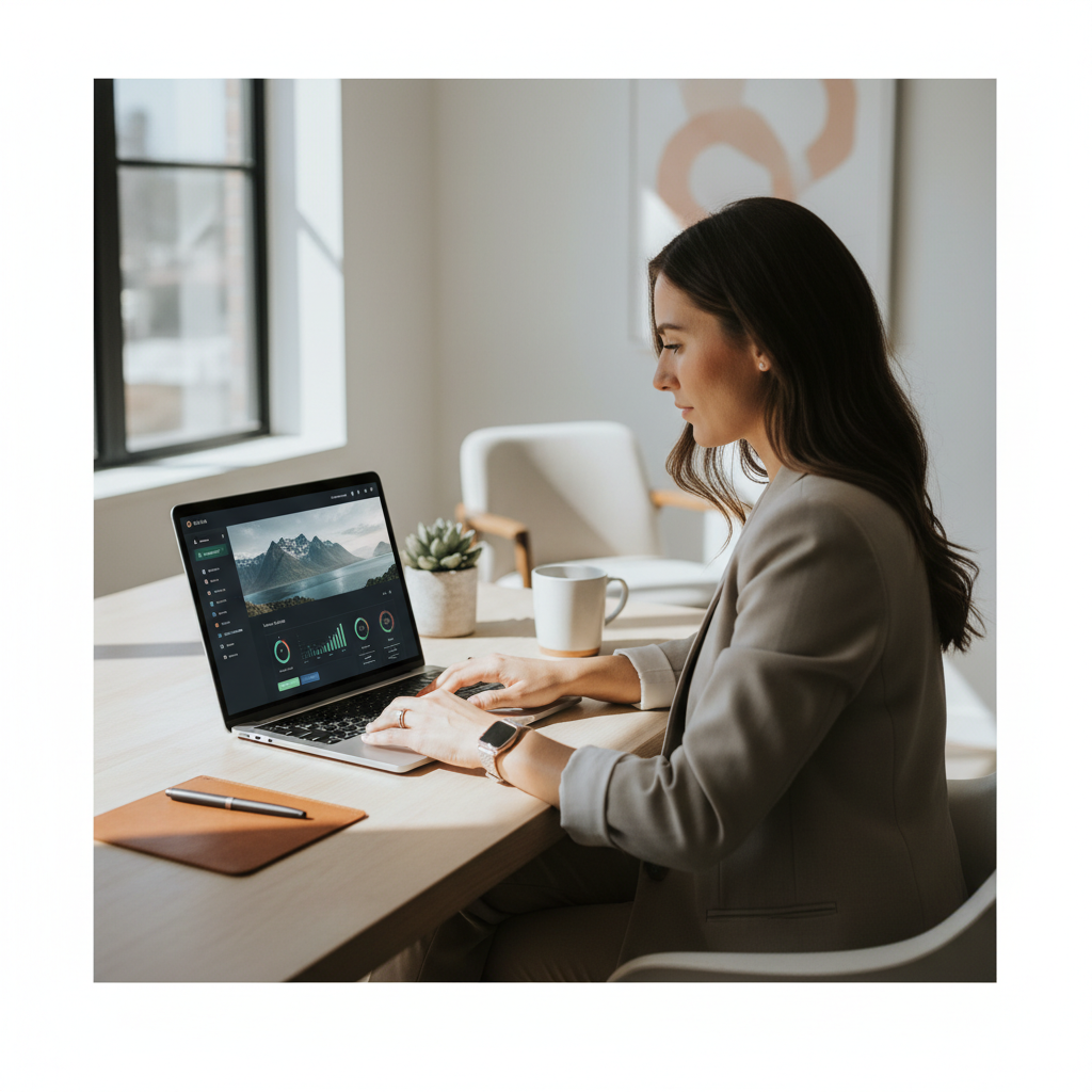 현대적인 사무실에서 노트북으로 웹사이트를 제작하는 모습