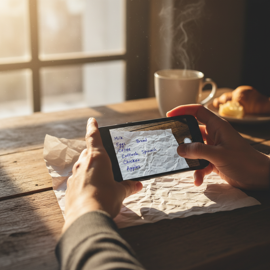 종이에 적힌 장보기 목록을 촬영하는 모습