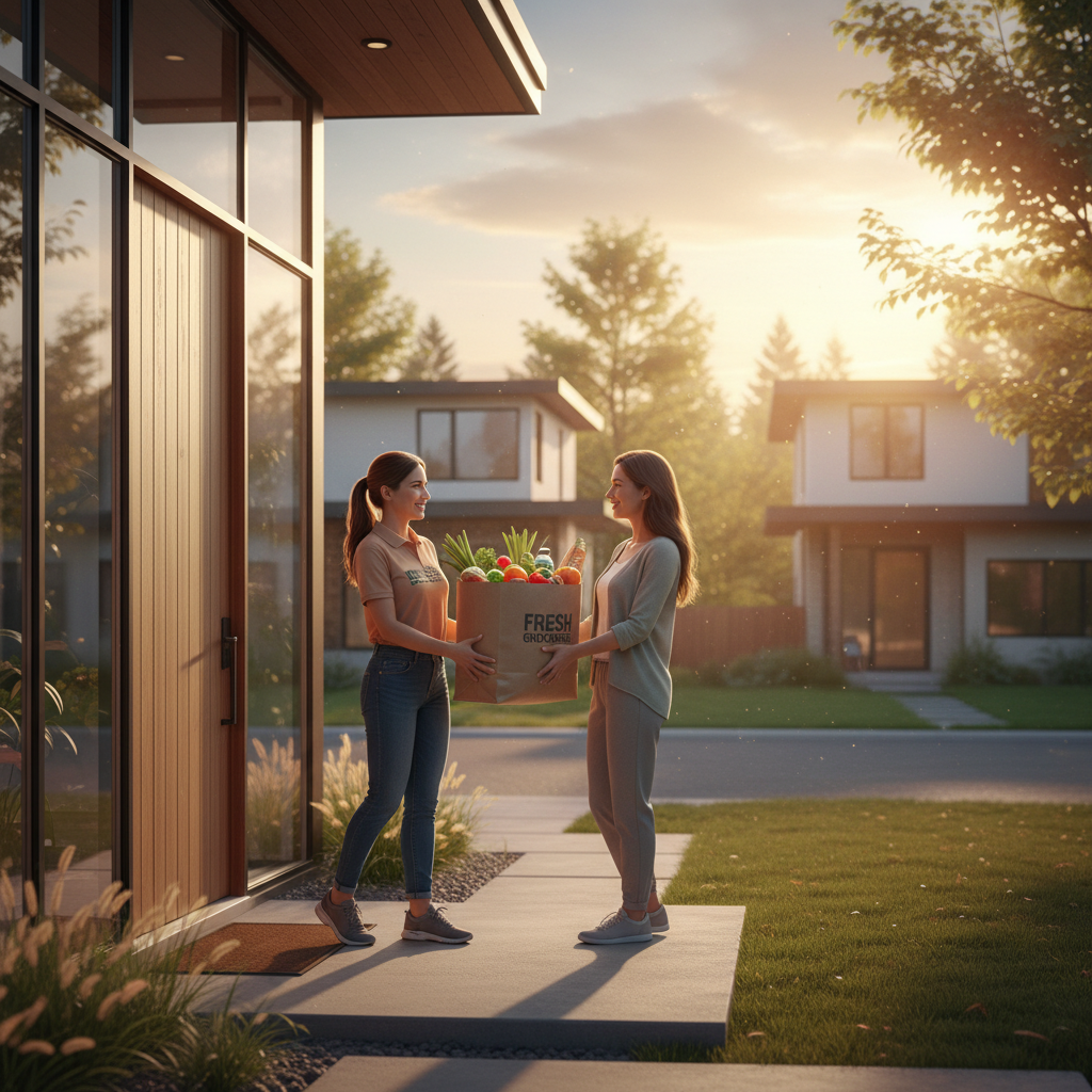 배달된 식료품을 집 앞에서 받는 장면