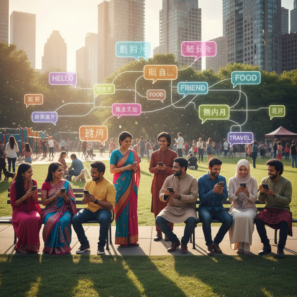 다양한 언어로 소통하는 사람들의 활기찬 모습