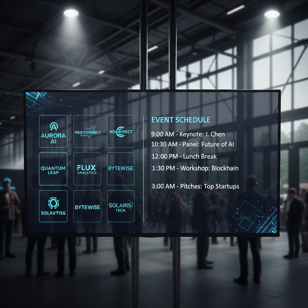 테크 컨퍼런스의 브랜딩 로고와 디지털 디스플레이
