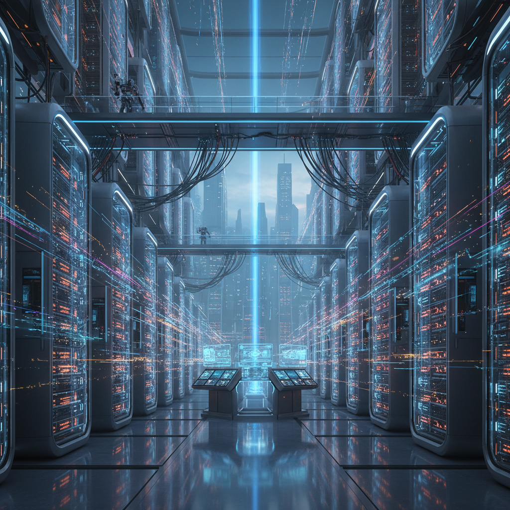복잡한 회로와 데이터가 흐르는 인공지능 서버룸