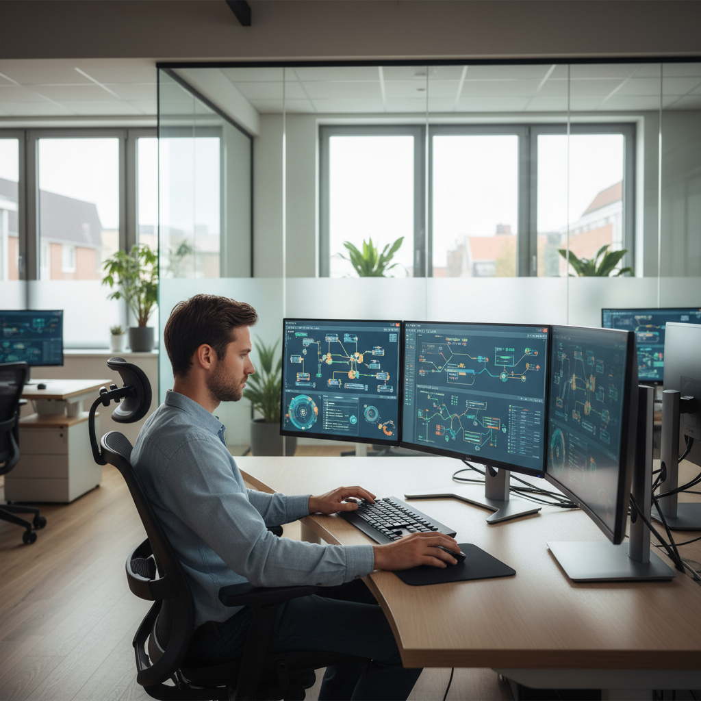 세련된 오피스에서 여러 디지털 기기를 활용해 효율적으로 일하는 전문가