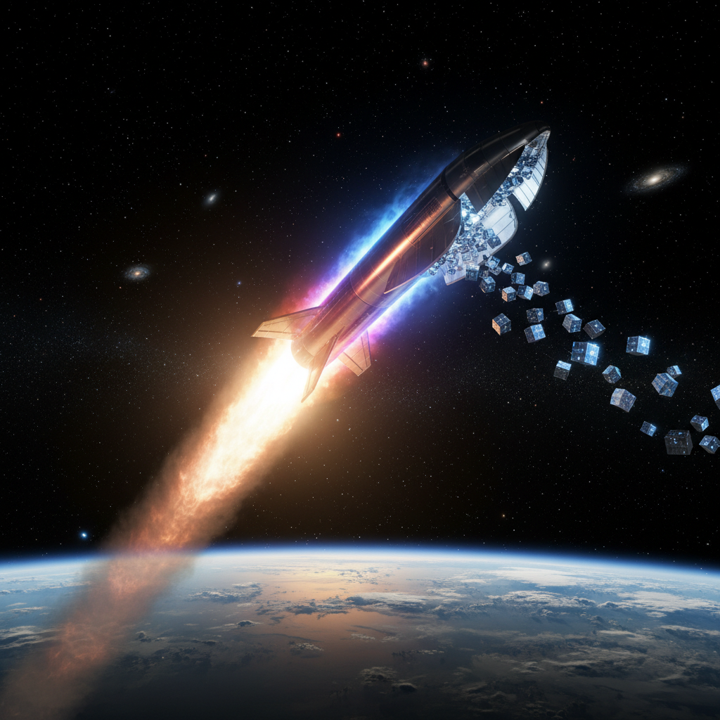 스타십 로켓이 궤도 위로 위성 화물을 운송하는 장면