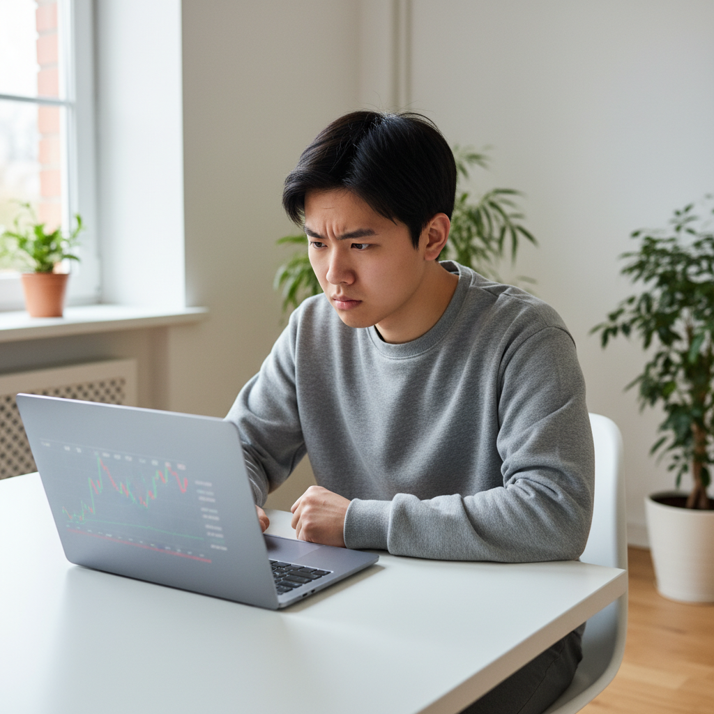 노트북 화면을 보며 심각한 표정을 짓고 있는 사람의 모습