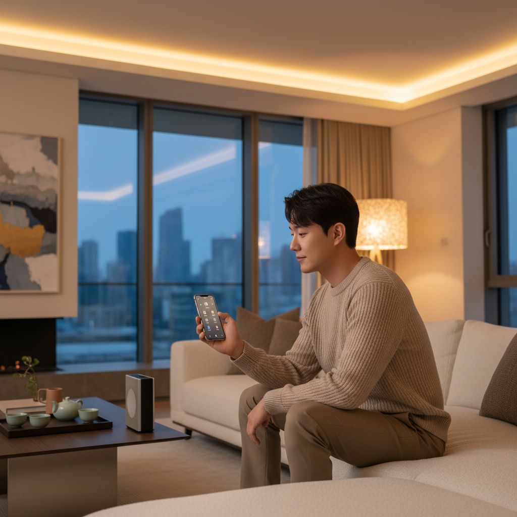 아이폰으로 스마트홈 기기를 제어하는 모습