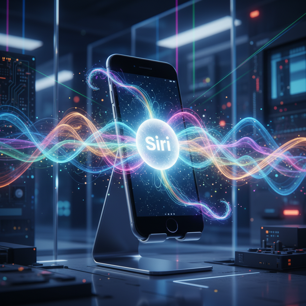아이폰 화면에 표시된 시리 로고와 인공지능 빛의 흐름