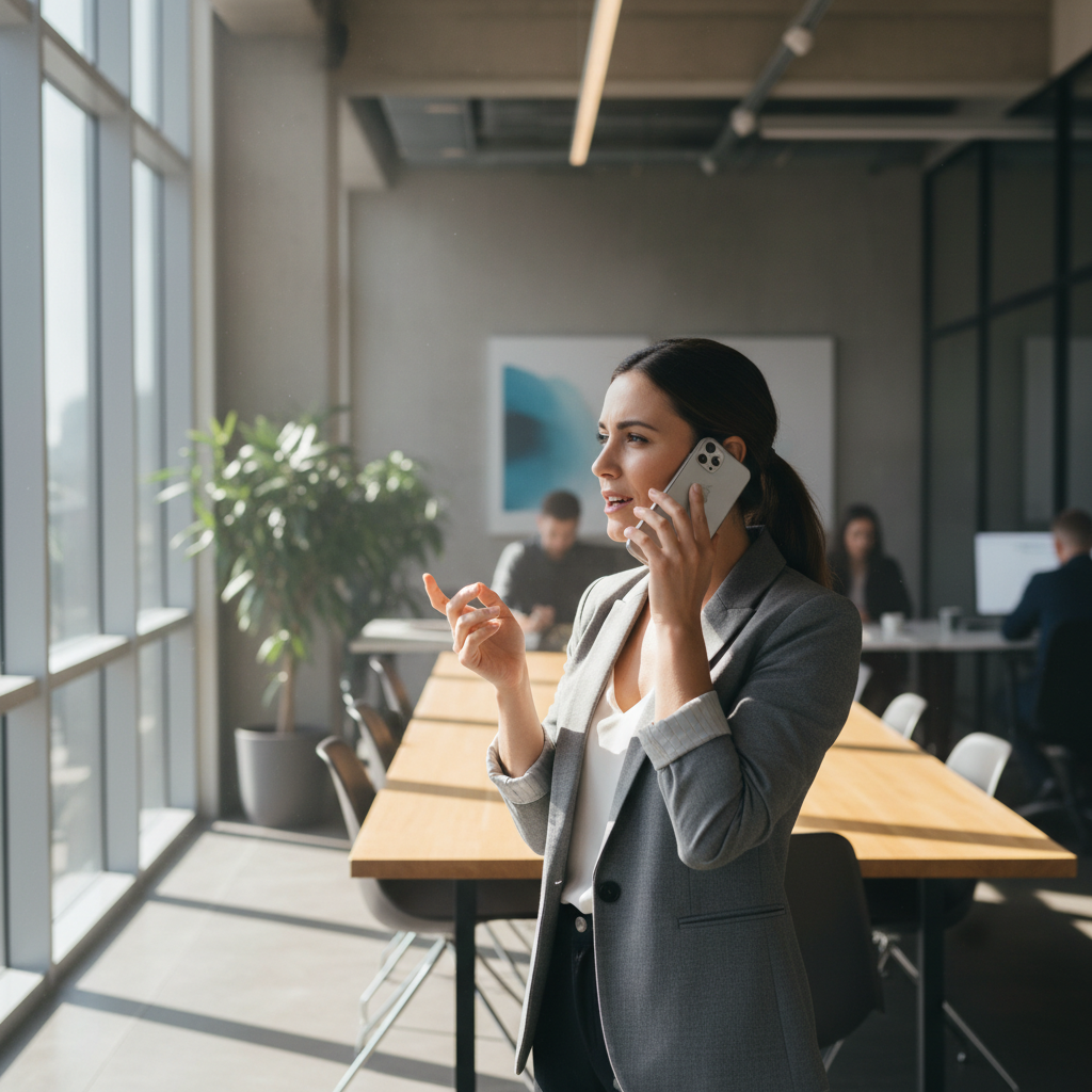 회의실에서 아이폰을 사용하여 인공지능 비서와 소통하는 모습