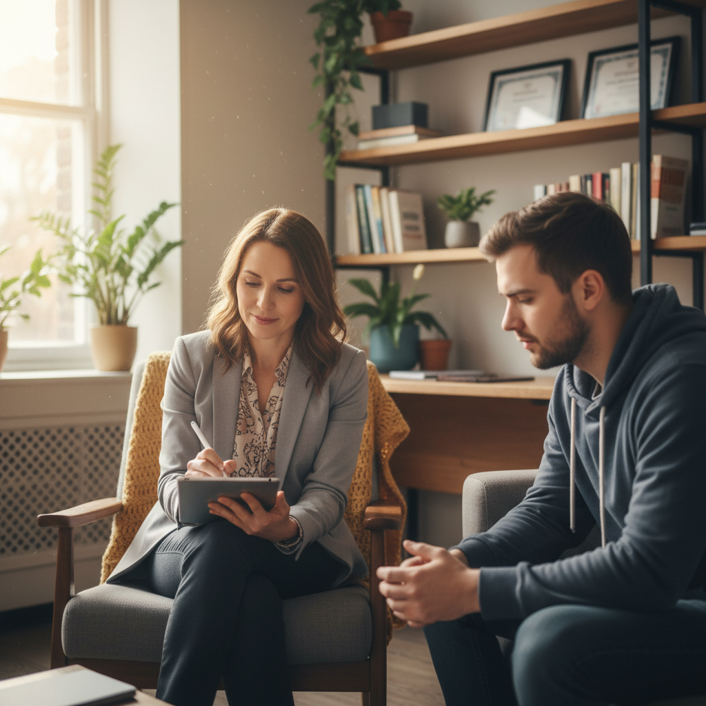 사회복지 상담 현장에서 태블릿을 사용하는 전문가