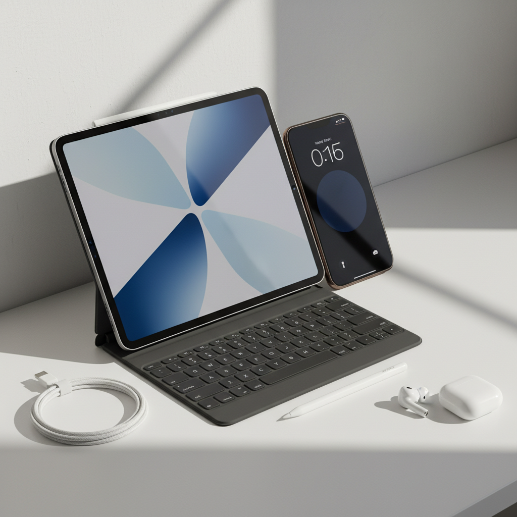 깔끔한 책상 위에 놓인 다양한 애플 기기들