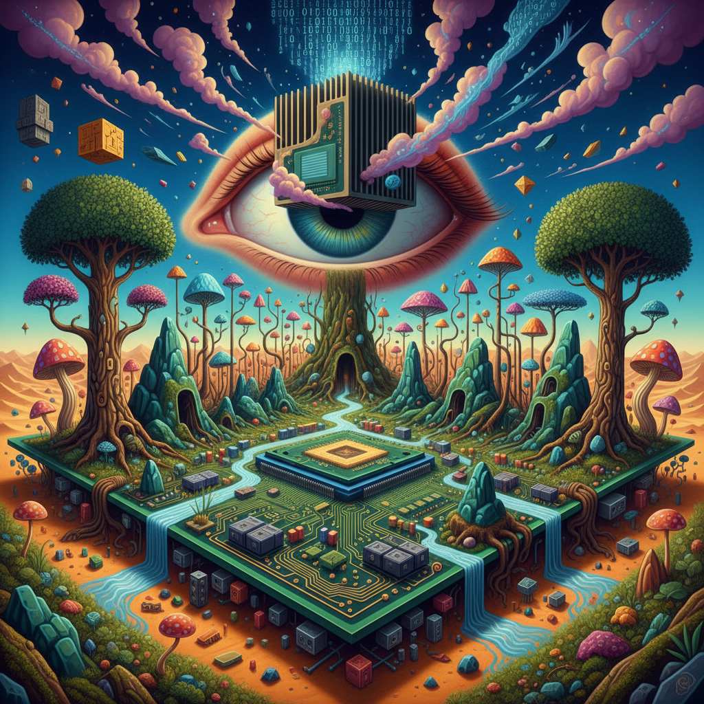 초현실주의 스타일로 표현된 빈티지 컴퓨터 부품들