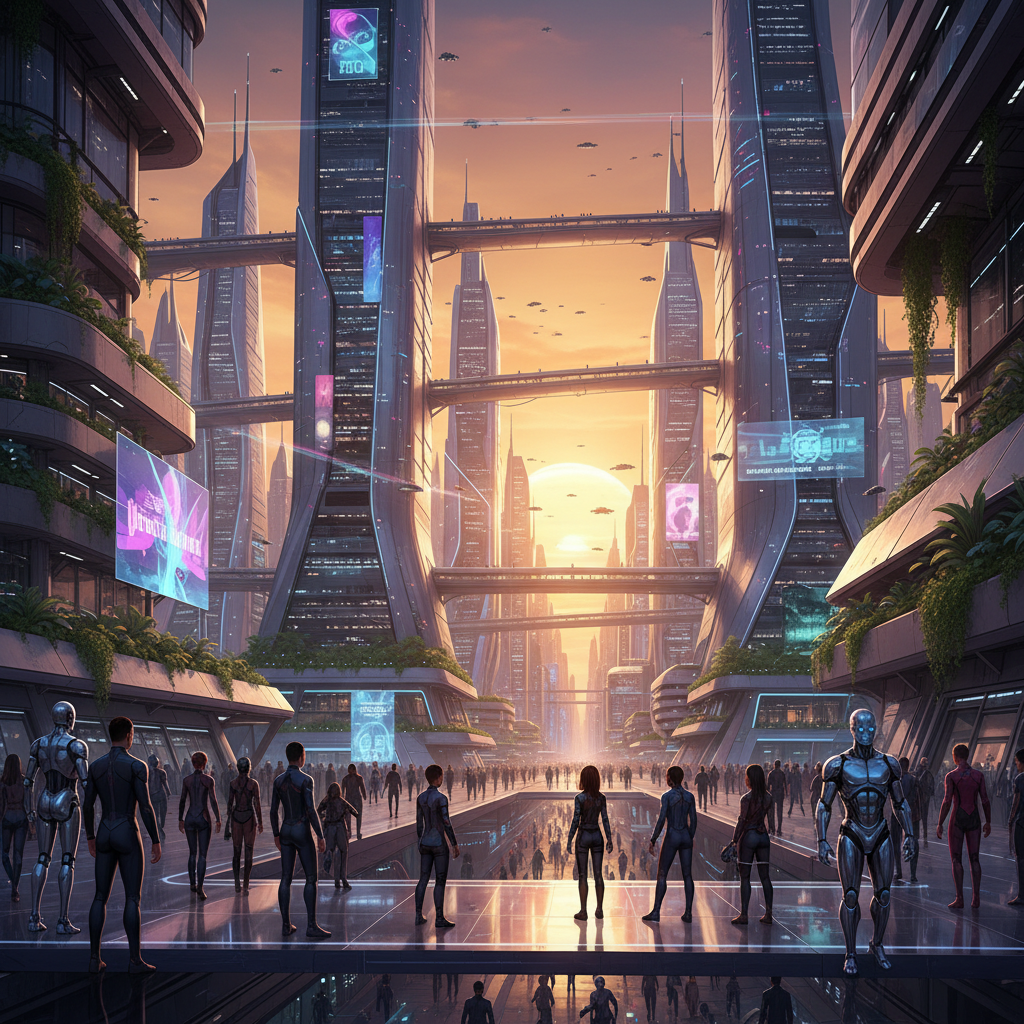 인간과 인공지능이 공존하는 미래의 도시 풍경