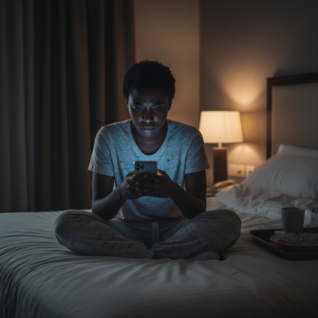 어두운 방에서 스마트폰을 사용하는 여성