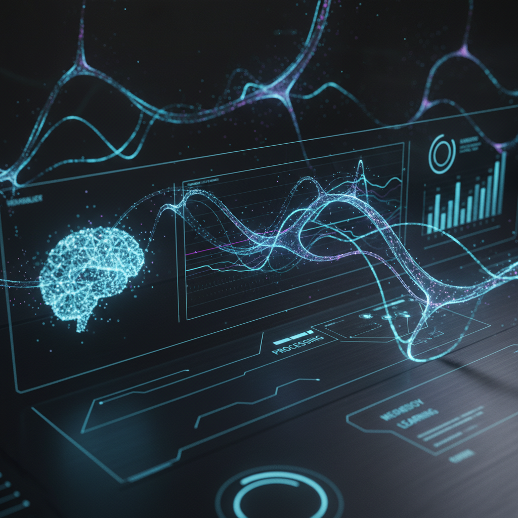 A sleek and modern digital interface representing artificial intelligence, featuring glowing blue and purple light trails, abstract neural network patterns, high-tech aesthetic, 4:3