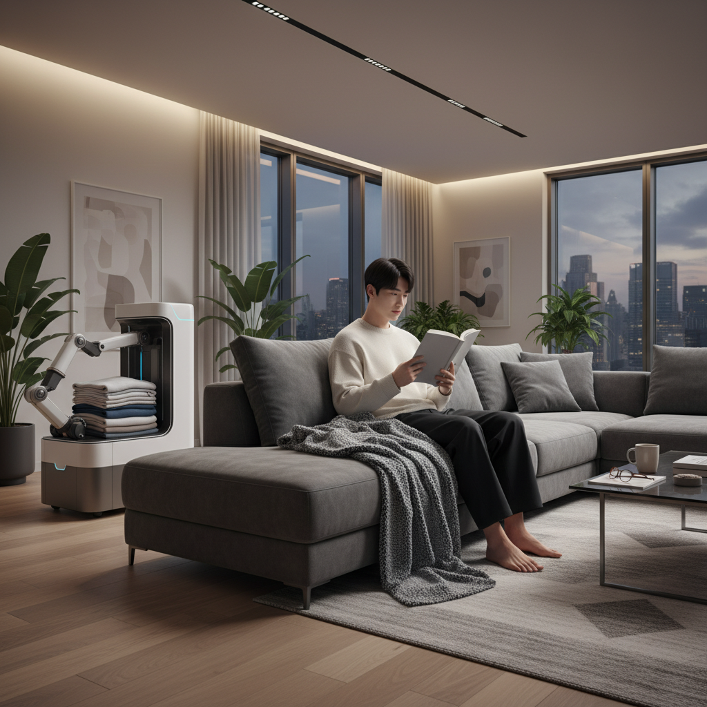 로봇 옆에서 휴식하는 사용자