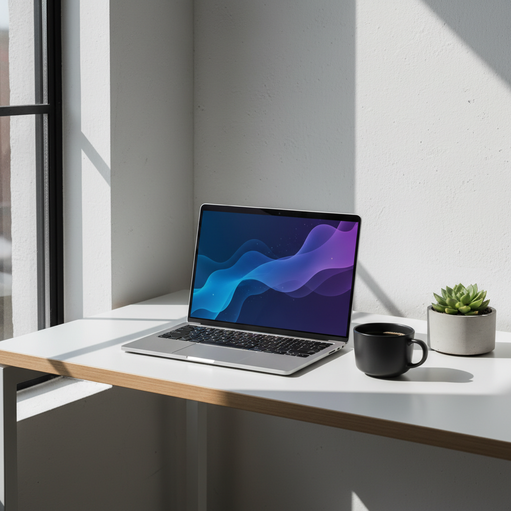 A modern minimalist workspace with a sleek laptop open, displaying a clean AI interface with glowing blue and purple gradients. A cup of coffee and a small plant are next to it. Soft natural sunlight from a window. High contrast, professional atmosphere, 4:3
