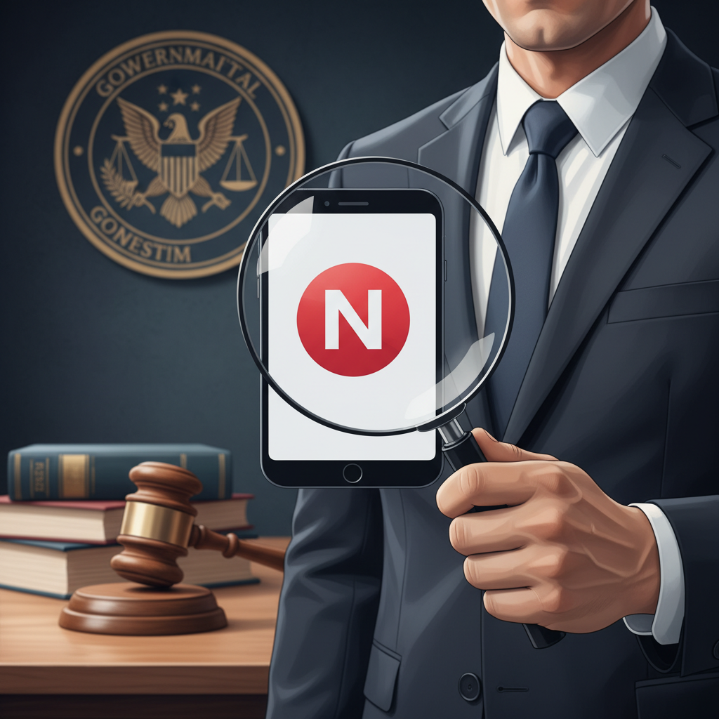 A high-quality digital illustration showing the Apple News logo on a smartphone screen being scrutinized by a magnifying glass held by a person in a formal suit. In the background, symbols of justice and regulation like a gavel and a government seal are visible. The lighting is professional and sharp. 4:3