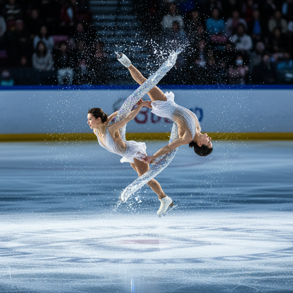 Two professional figure skaters performing a synchronized mid-air spin on a sparkling ice rink, cinematic lighting, ice crystals flying, photorealistic, high speed photography, 4:3