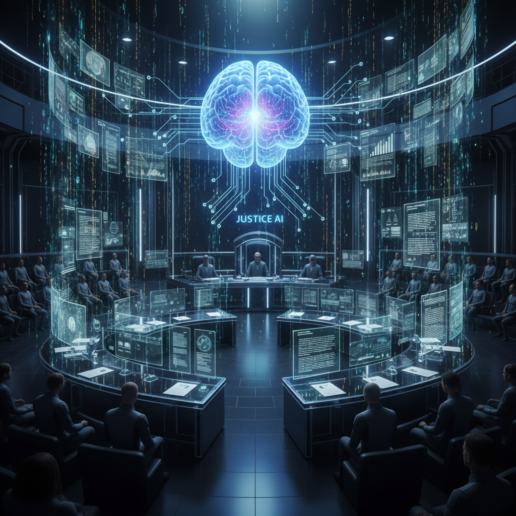 A futuristic digital courtroom scene where a glowing brain-like AI node is analyzing cascading streams of legal data and documents. High contrast, cinematic lighting, professional legal atmosphere. 4:3