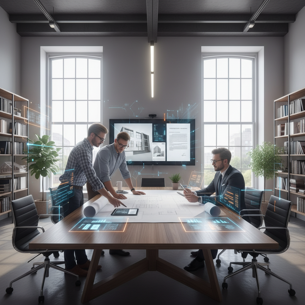 복잡한 건설 서류를 검토하는 변호사와 기술진