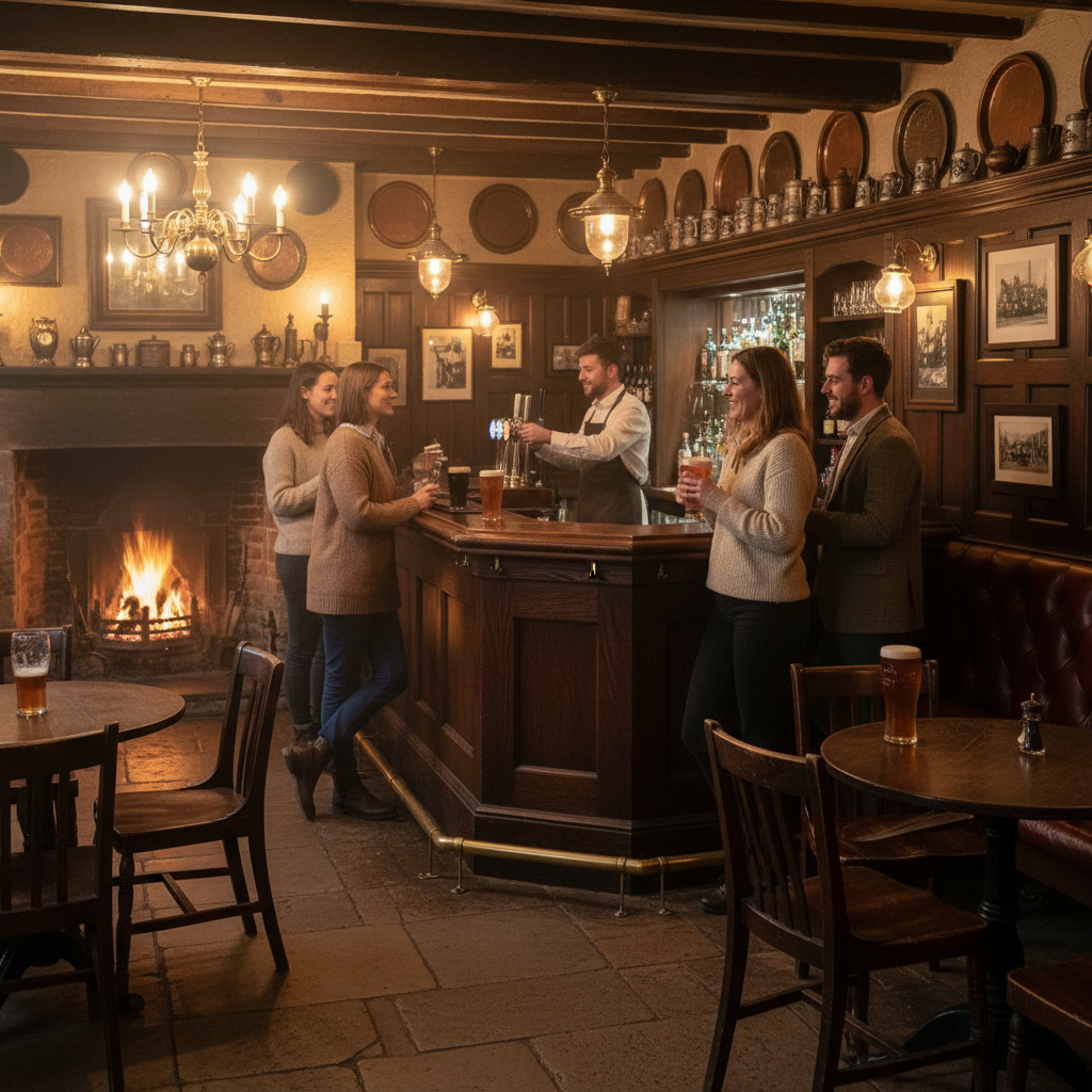 Interior of a cozy traditional British pub with people standing naturally around a wooden bar counter, warm ambient lighting, rustic decor, people having conversations, realistic photography style, 4:3