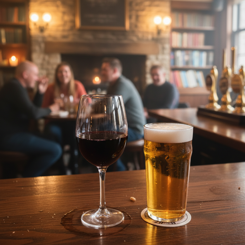 바 위에 놓인 레드 와인과 맥주 한 잔