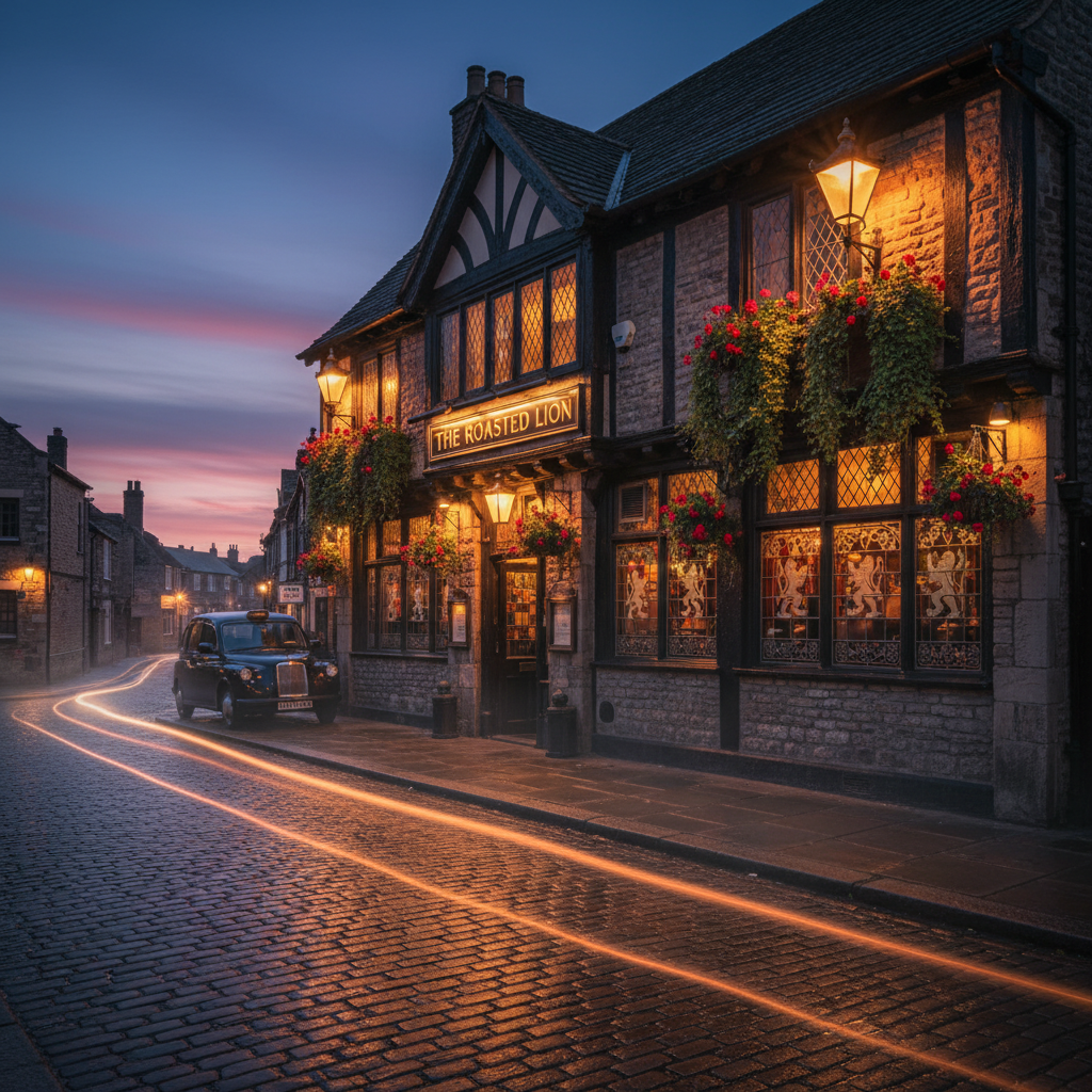 저녁 노을 아래 따스한 불빛이 새어 나오는 펍 외관