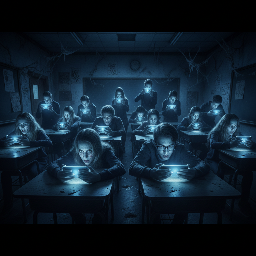 스마트폰 화면에 홀린 학생들의 기괴한 모습