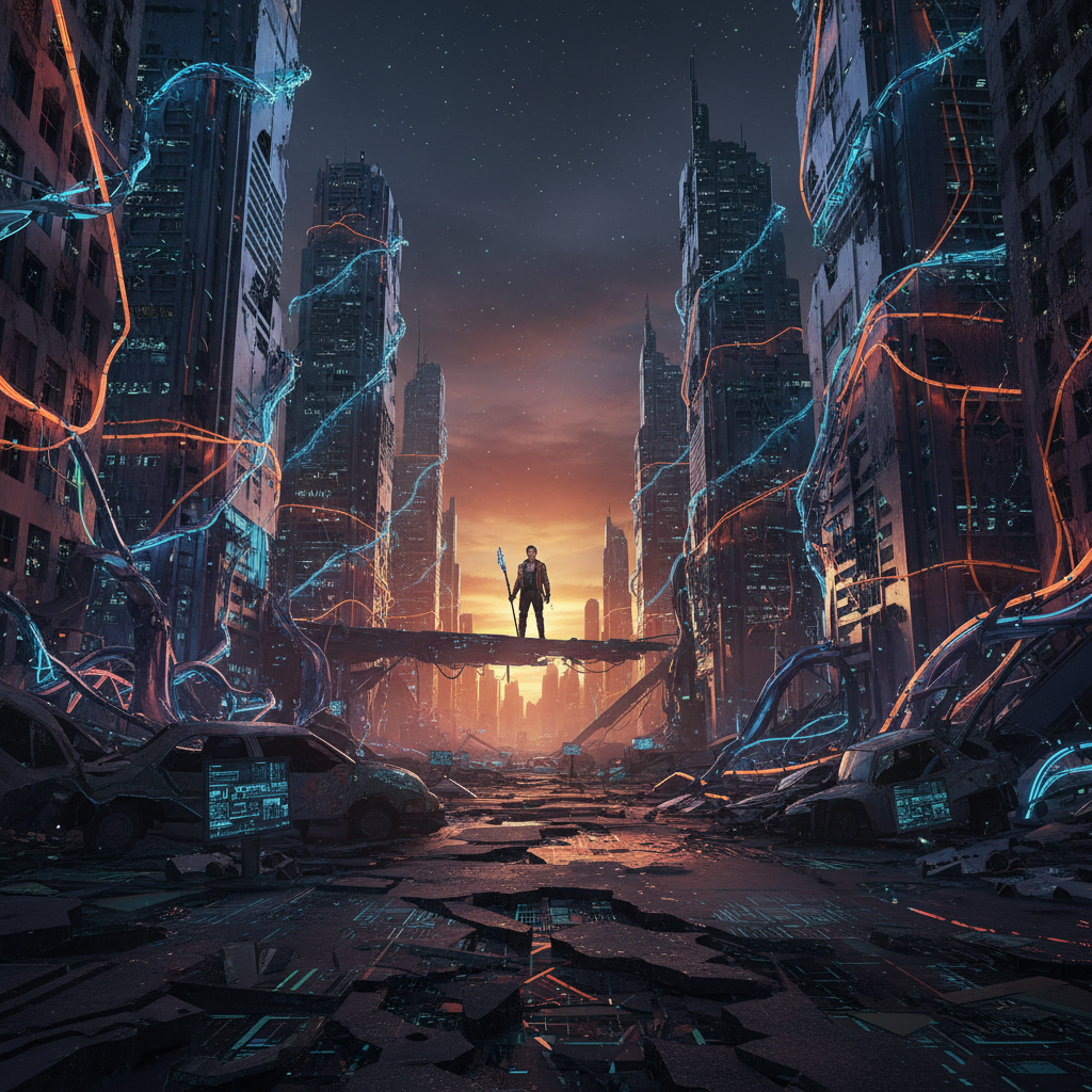 기술 문명의 붕괴를 상징하는 황폐한 미래 도시