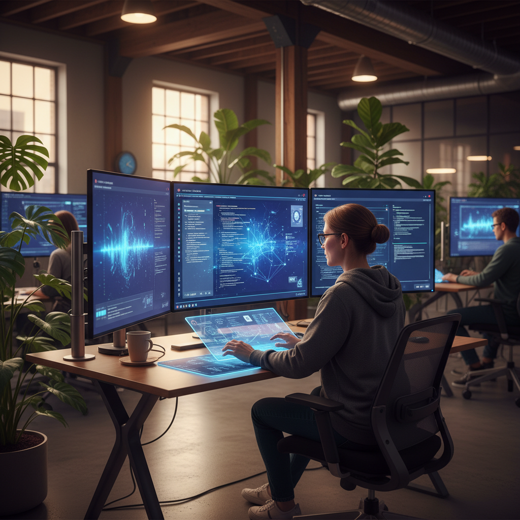 사무실에서 인공지능 도구를 활용하는 개발자